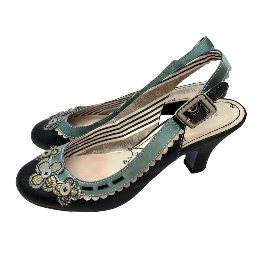Anthropologie Navy and Light Blue 
Floral Embellished Slingback Heels
